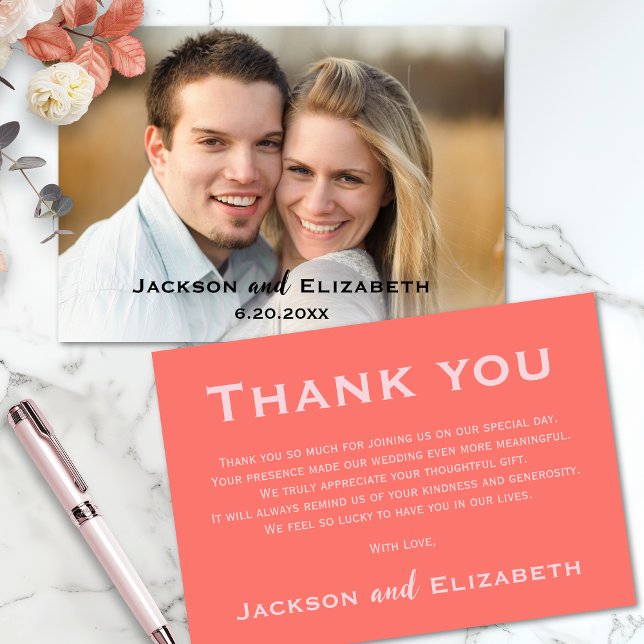 Modern koral och foto av Rosa Bröllop Tack Kort (Modern Coral Photo Wedding Thank You Card with soft pink Writing.)
