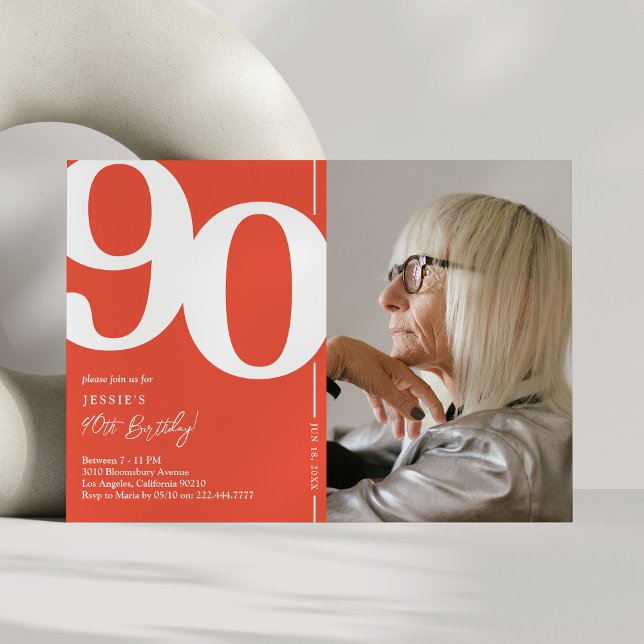 Modern korall 90-års födelsedagsfoto-inbjudan inbjudningar (Skapare uppladdad)