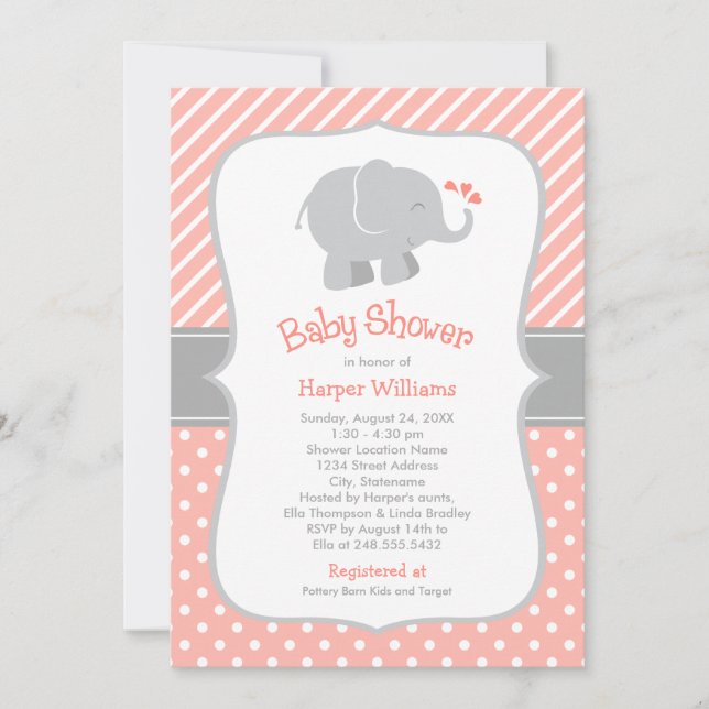 Modern korall elefant baby shower för flicka inbjudningar (Framsida)