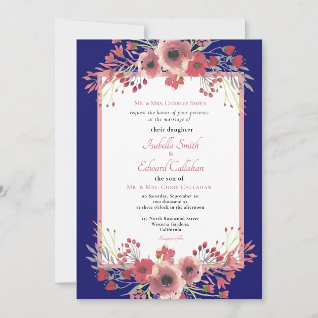 Modern korall peony blomsterkrans Navy bröllopsinb Inbjudningar (Framsida)