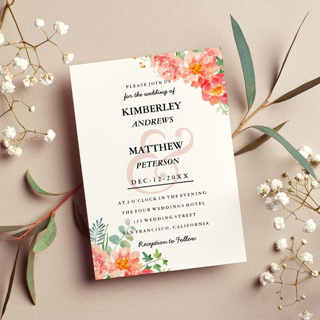 Modern korall  rosa elegant bröllop inbjudningar (Modern coral blush pink watercolor elegant Wedding Invitation)