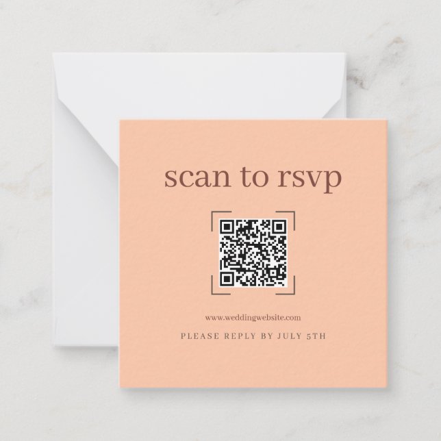Modern Korallfärgad Bröllops QR-kod Online RSVP Anteckningskort (Framsida)