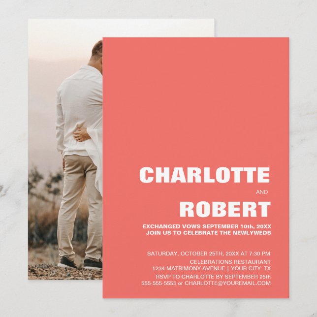 Modern korallfärgad bröllopsmottagning inbjudningar (Fram/baksida)