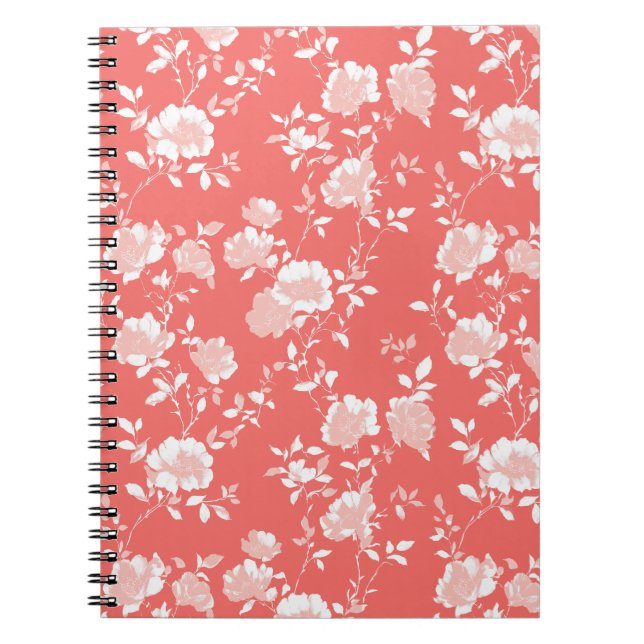 Modern korallrosa vit blommig mönster anteckningsbok (Framsidan)