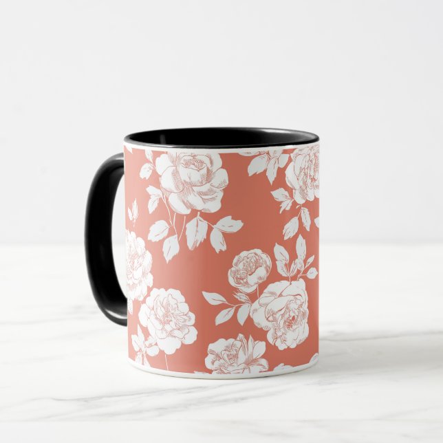 Modern korallrosa vit blommönster mugg (Framsida vänster)