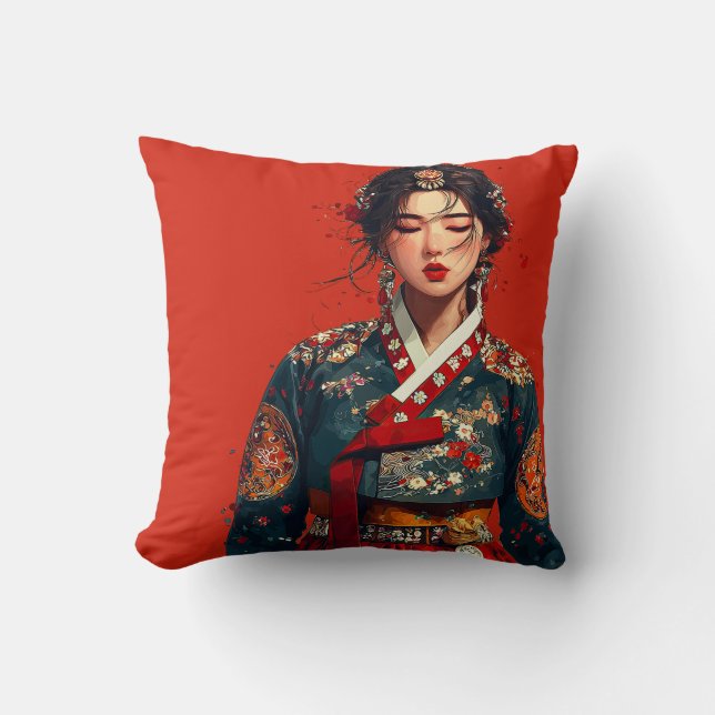 Modern koreansk kvinna i Hanbok-porträtt  Kudde (Framsida)