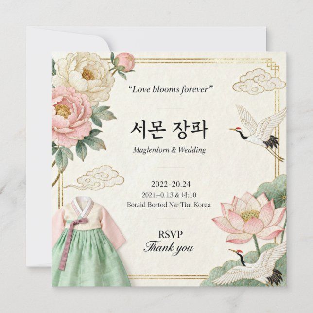 Modern koreansk traditionell bröllopsinbjudan (혼례  (Framsida)