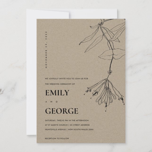 MODERN KRAFT LINE TECKNING BLOMMIGT WEDDING INVITE TACK KORT (Framsida)