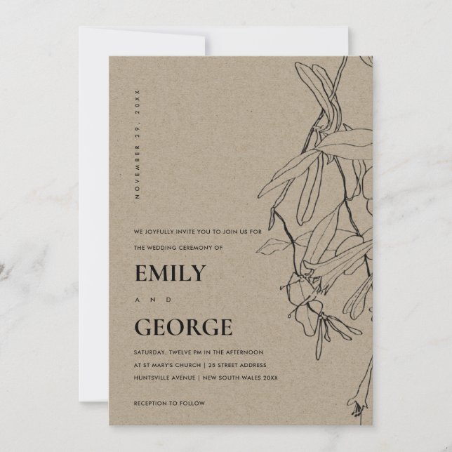 MODERN KRAFT LINE TECKNING BLOMMIGT WEDDING INVITE TACK KORT (Framsida)