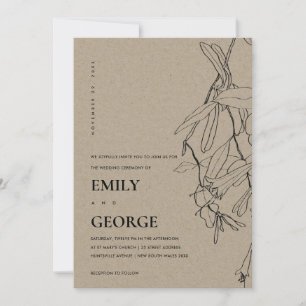 MODERN KRAFT LINE TECKNING BLOMMIGT WEDDING INVITE TACK KORT