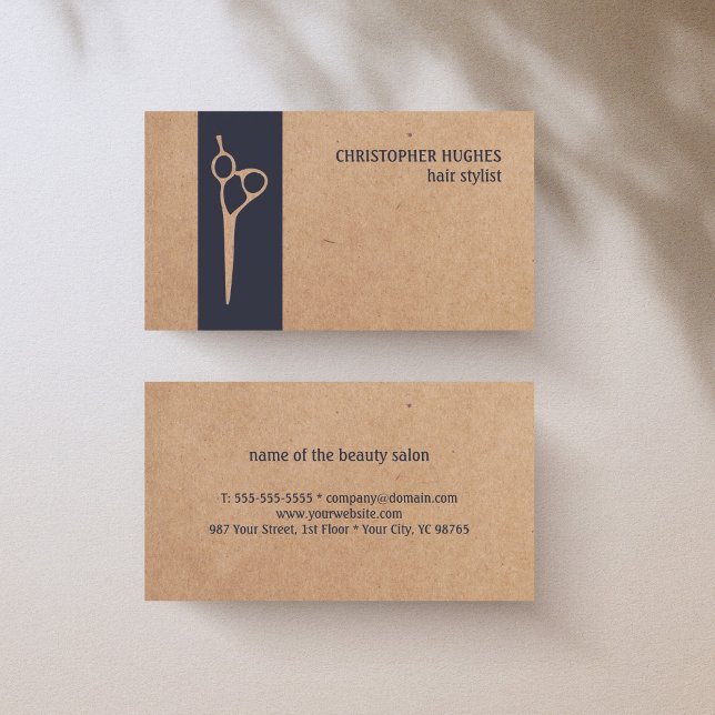 Modern Kraft Papper Blue Rand Hair Stylist Visitkort (Skapare uppladdad)