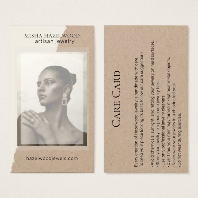 Modern Kraft Photo Jewelry Care Card Visitkort (Framsida & baksida)