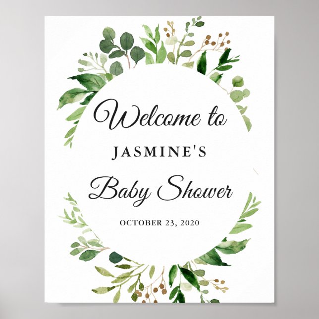 Modern krans med gröna blad Baby Shower-skylt Poster (Framsidan)