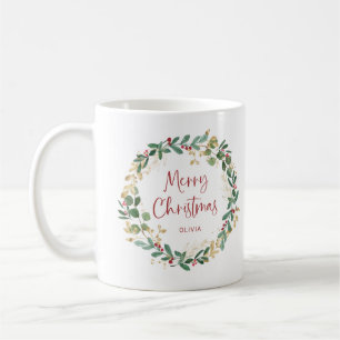 Modern krans och skript Röda God jul Kaffemugg