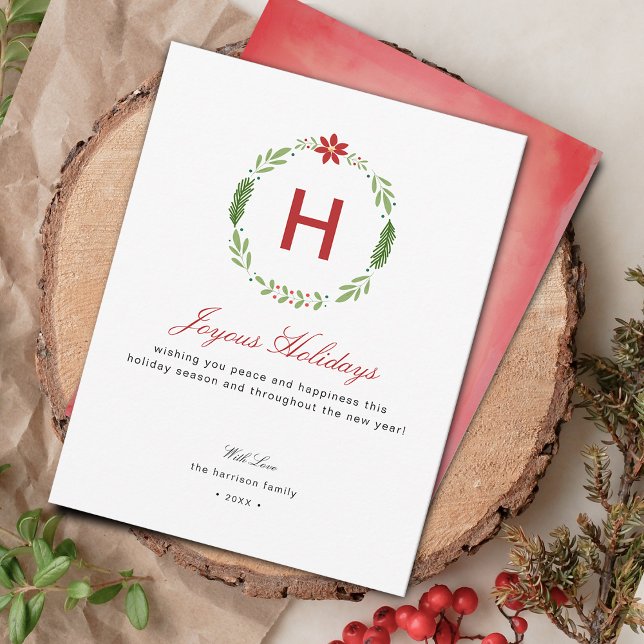 Modern kransmonogram julkort (Modern Wreath Monogram Holiday Card)