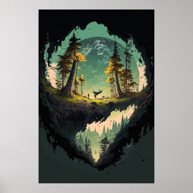 Modern kraterlandskap med planetbakgrund P Poster (Framsidan)