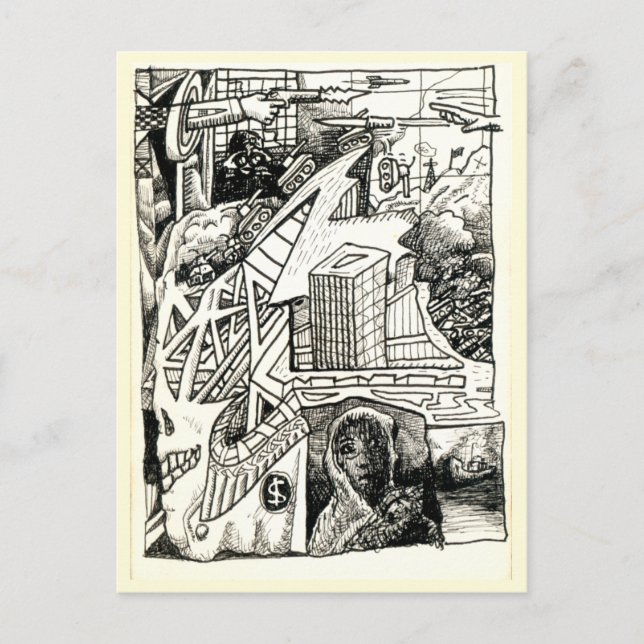 "Modern krigföring", bläck teckning Vykort (Framsida)