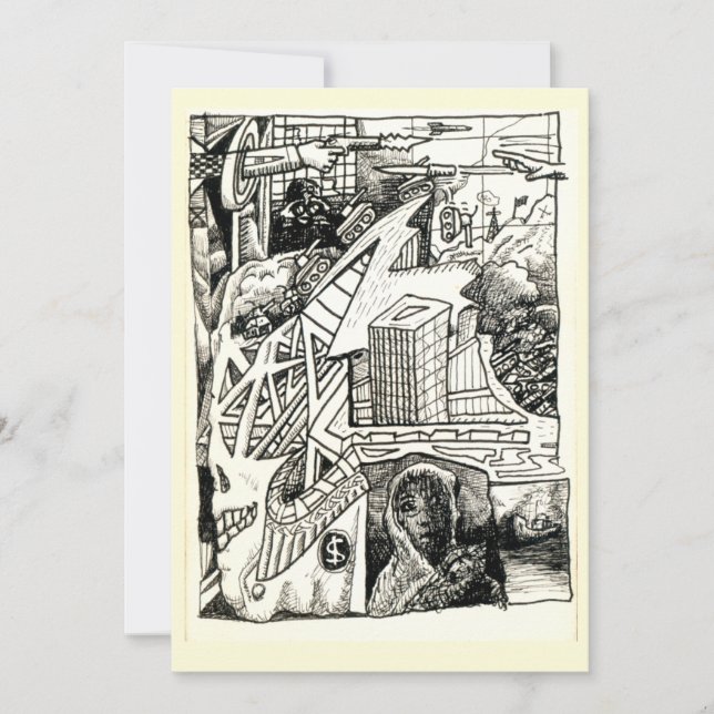 "Modern krigföring", plattkort bläck teckning (Framsida)