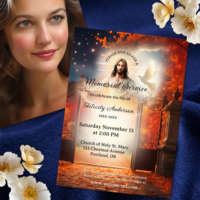 Modern kristen begravnings minnesstund inbjudningar (Memorial, funeral service or celebration of life invitation featuring Christ at heaven's gate)