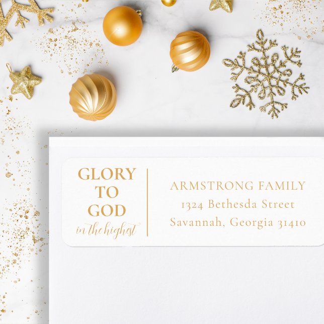 Modern kristen Returadress Etikett (Simple, modern, religious Christmas return address label in gold and white for Christians)