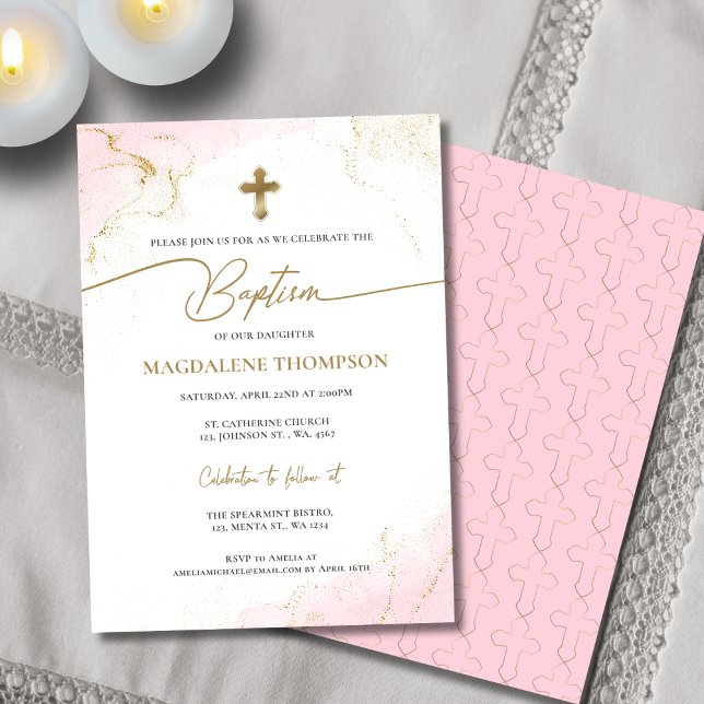 Modern kristen Rosa Guld Kor Girl Girl Baptism Inbjudningar (Skapare uppladdad)