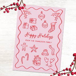 Modern Kritiskt Illustrationsklotter Rosa och Röd Julkort