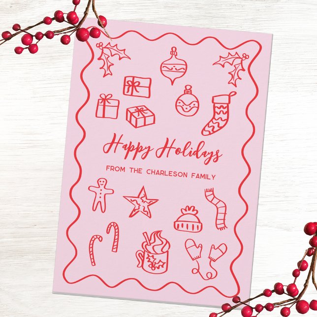 Modern Kritiskt Illustrationsklotter Rosa och Röd Julkort (Fun hand drawn scribble doodle Christmas holiday card in pink & red to personalize with custom text.)