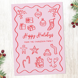 Modern Kritiskt Illustrationsklotter Rosa och Röd Julkort