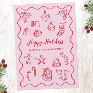 Modern Kritiskt Illustrationsklotter Rosa och Röd Julkort