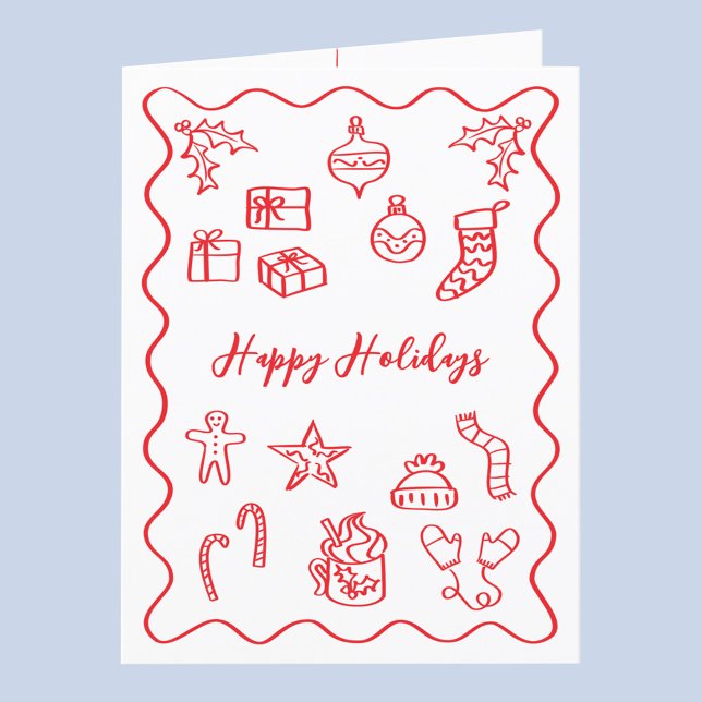 Modern Kritiskt Illustrationsklotter Rött och Vitt Helgkort (Fun hand drawn scribble doodle red and white personalized custom text Christmas holiday card)