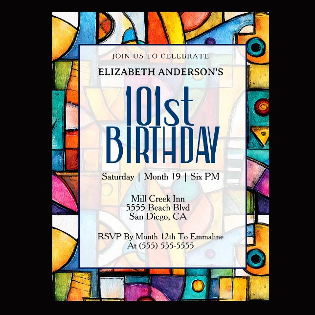 Modern Kubistisk 101-årsdag Inbjudningar (Modern colorful abstract 101st birthday invitation for elegant milestone celebration
)
