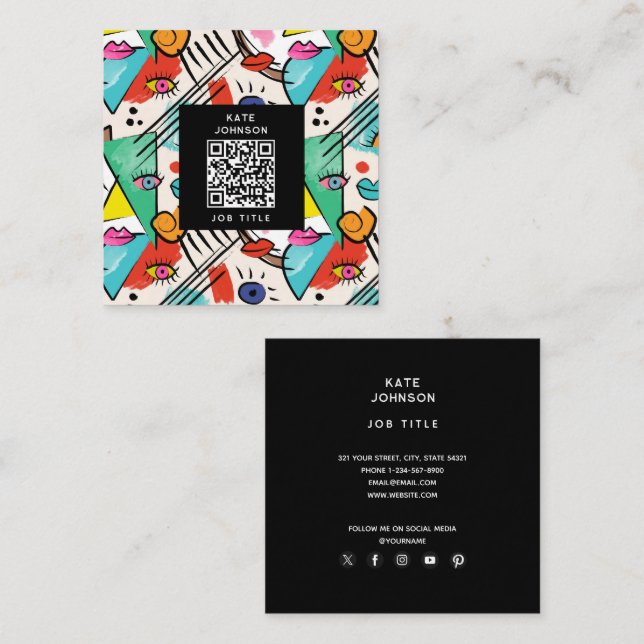 Modern kubistisk Abstrakt Artsy Female Ansikte Art Fyrkantigt Visitkort (Fram/baksida)