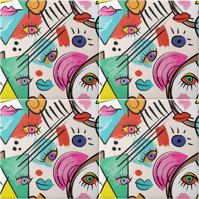 Modern kubistisk Abstrakt Artsy Female Ansikte Art Kakelplatta (Modern Cubism Abstract Artsy Female Faces Art Ceramic Tile)