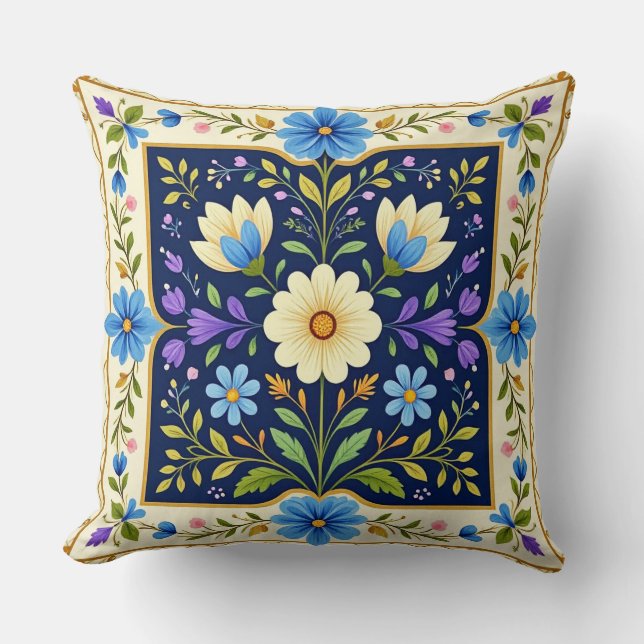 Modern kudde med kant i blomsterdesign. (Framsida)