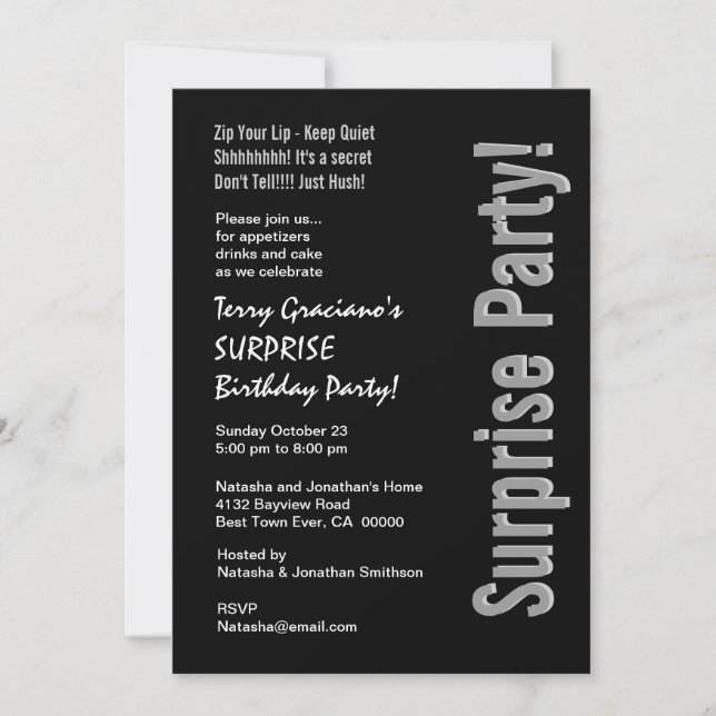 Modern KURPRISE Birthday Black Silver White Inbjudningar (Framsida)