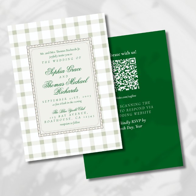 Modern kursiv skrivstil Rutig bröllopsinbjudan Inbjudningar (Bring understated style to your big day with this Earth Tone Green Wedding Invitation!)