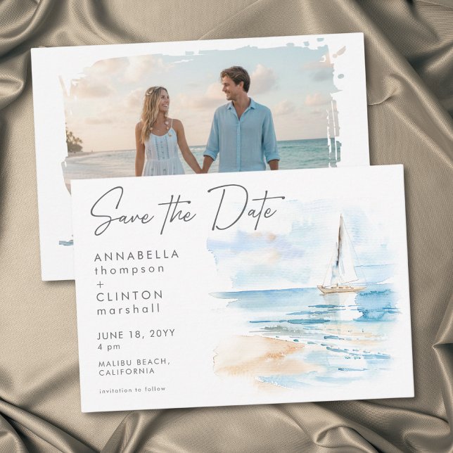 Modern kustbröllopsfoto i vattenfärg spara datumet (Coastal Beach Modern Watercolor Wedding Photo Save The Date)