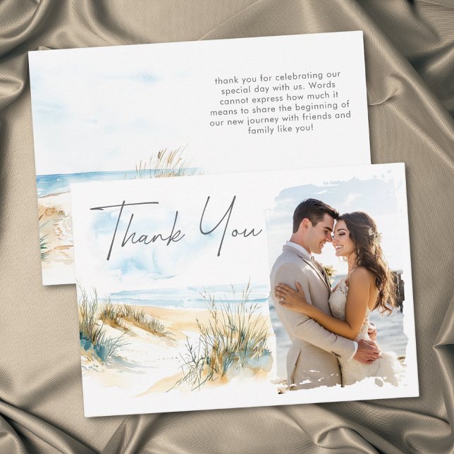 Modern kustbröllopsfotografi i akvarellstil tack kort (Coastal Beach Modern Watercolor Photo Wedding Thank You Card)