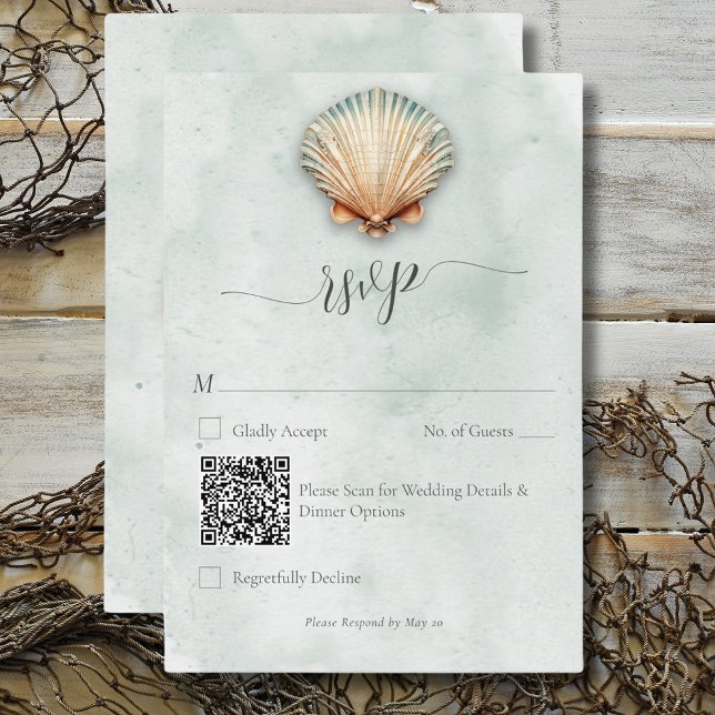 Modern Kustkustnära havsvattenakel Bröllop QR-kod OSA Kort (Modern Coastal Seashell Aqua Wedding QR Code RSVP Card)