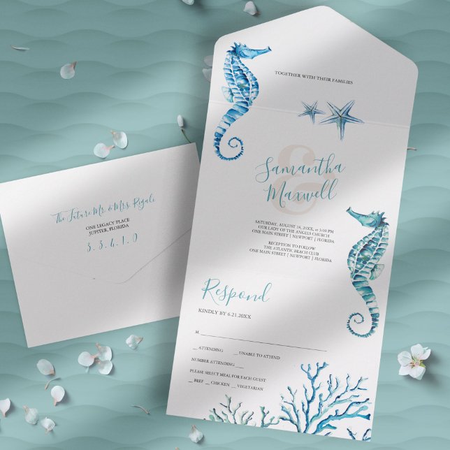 Modern kustnära Bröllop i en enda inbjudan (Beach wedding invitation unique seahorse watercolor art by Victoria Grigaliunas)