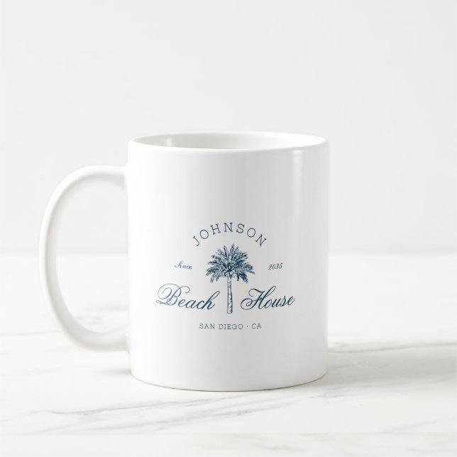 Modern kustnära vintage strandhus palmträd blå  kaffemugg (Vänster)