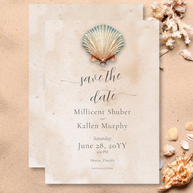 Modern Kustval Sand Bröllop Spara Datumet (Modern Coastal Seashell Sand Wedding Save The Date)