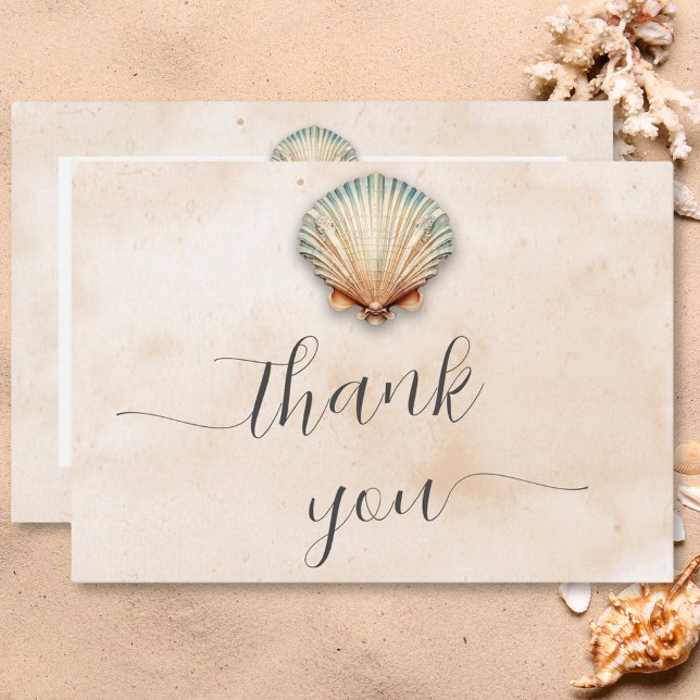 Modern Kustval Sand Bröllop Tack Kort (Modern Coastal Seashell Sand Wedding Thank You Card)