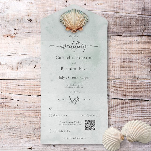 Modern kustvattenskal - vattenfärgsbeteckning QR (Modern Coastal Seashell Aqua Watercolor QR Code All In One Invitation)