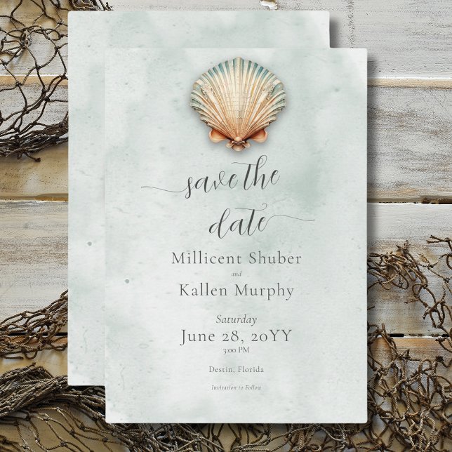 Modern Kustvintall Aqua Bröllop Spara Datumet (Modern Coastal Seashell Aqua Wedding Save The Date)