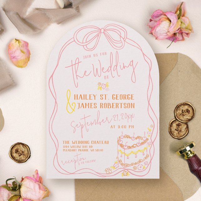 Modern kvickhet i hand plockade-rosan, bröllop inbjudningar (Modern quirky whimsical hand drawn arch pink bow orange sunset colorful unique wedding invitation)