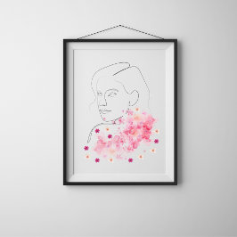 Modern kvinna med rosa Flowers Line Art Poster