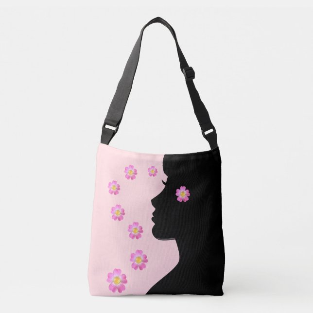 Modern kvinna siluett & blommor på ljust rosa axelväska (Framsida)
