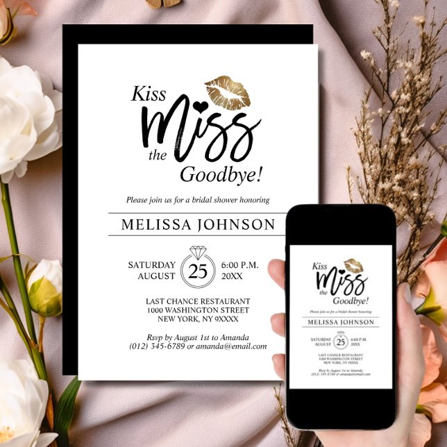 Modern Kyss Miss Avsked Guld Läpp Bröllopsdusch Inbjudningar (Modern Kiss Miss Goodbye Gold Lips Bridal Shower Invitation | Bachelorette)