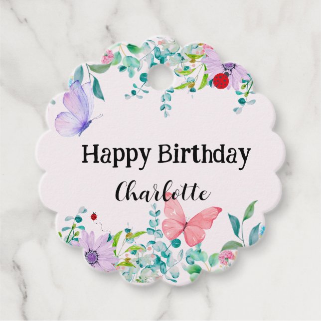 Modern Ladybug Butterfly, färgad blomma Birthday Gåvor Etiketter (Framsida)